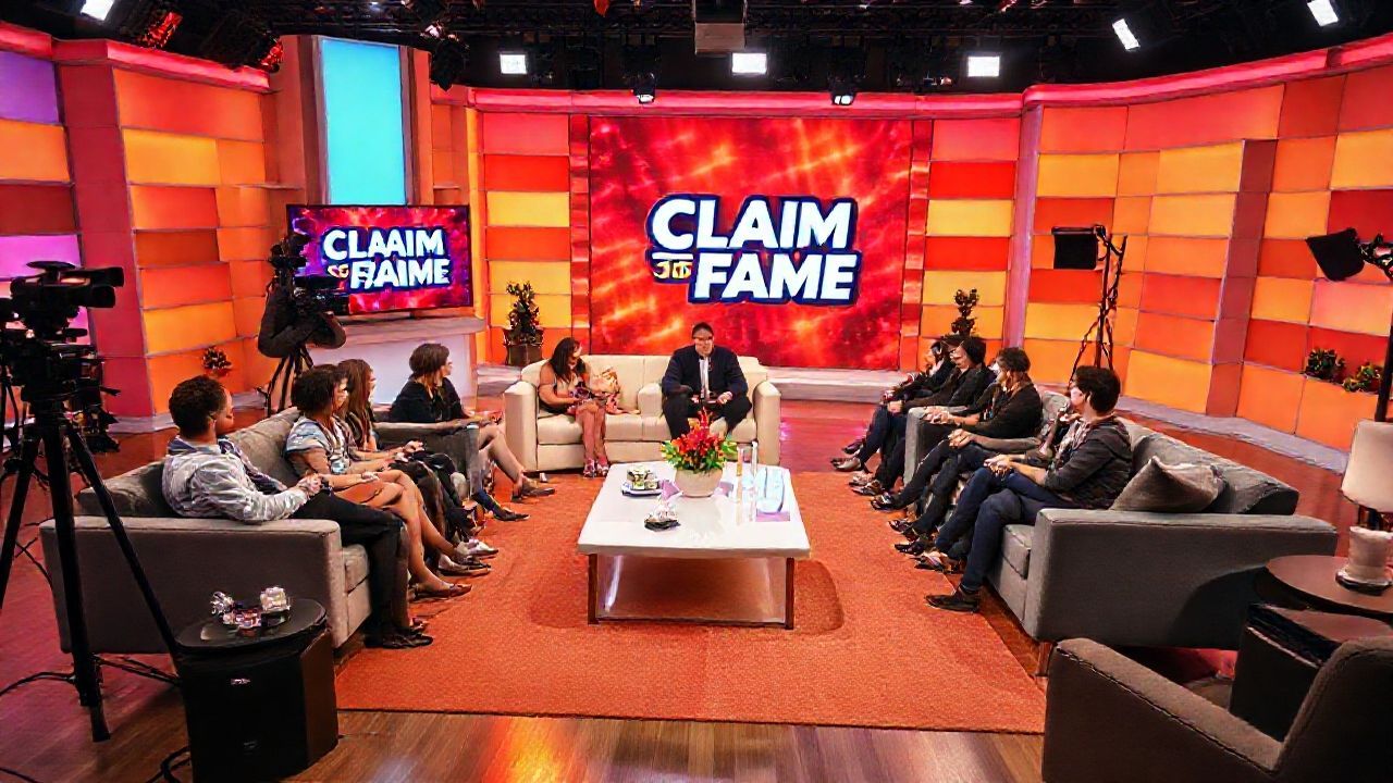 Contestants sitting together in a living room setting from the reality show Claim to Fame