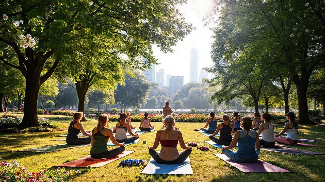 Group of people practicing yoga outdoors, a healthy and mindful thing to do near me