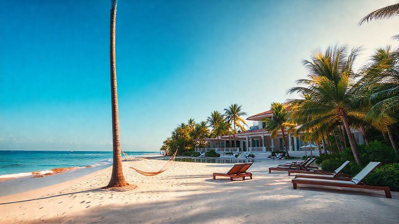 Aruba Ocean Villas beachfront villa with hammocks and palm trees