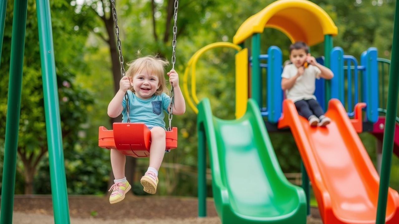 Children playing on swings and slides at a free playground for how to find free things to do near me with kids